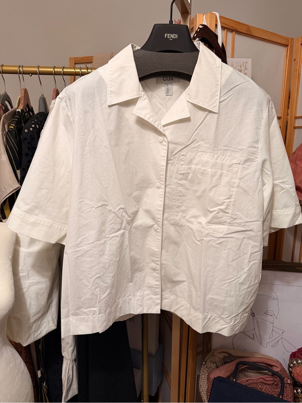 COS White Cotton Blend Short Sleeve Button Front Overshirt Shirt